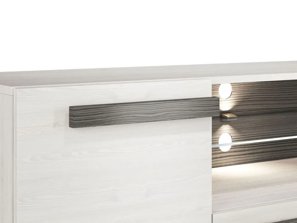 Szafka RTV BIANKA 165 sosna śnieżna/szara pod telewizor I sklep meblowy MIRAT. styl SKANDYNAWSKI kolekcja BIANKA