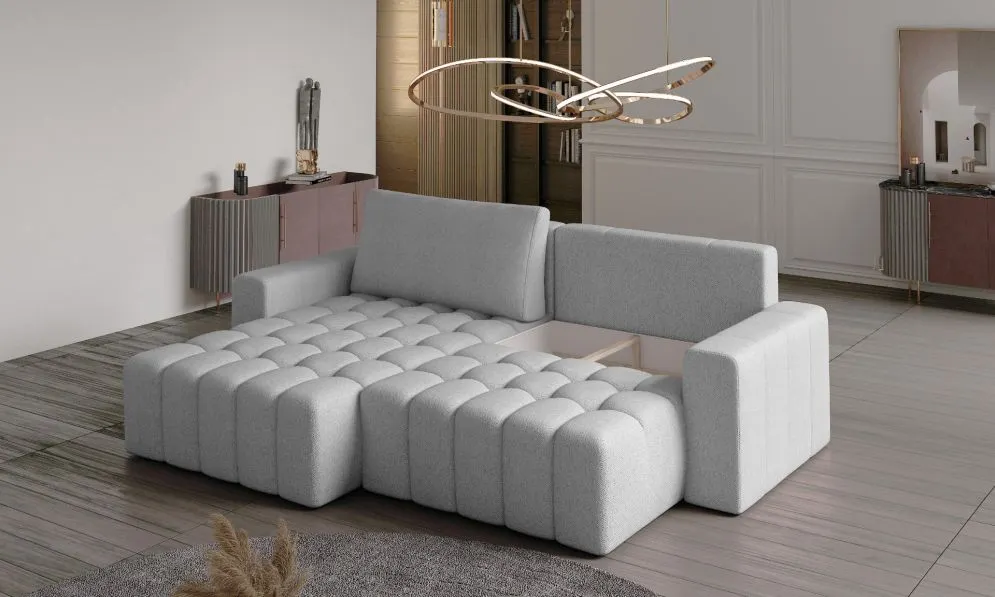 Narożnik z funkcją spania BONETT VELVET szary prawy z pojemnikiem na pościel | MIRAT. w stylu GLAMOUR kolekcja