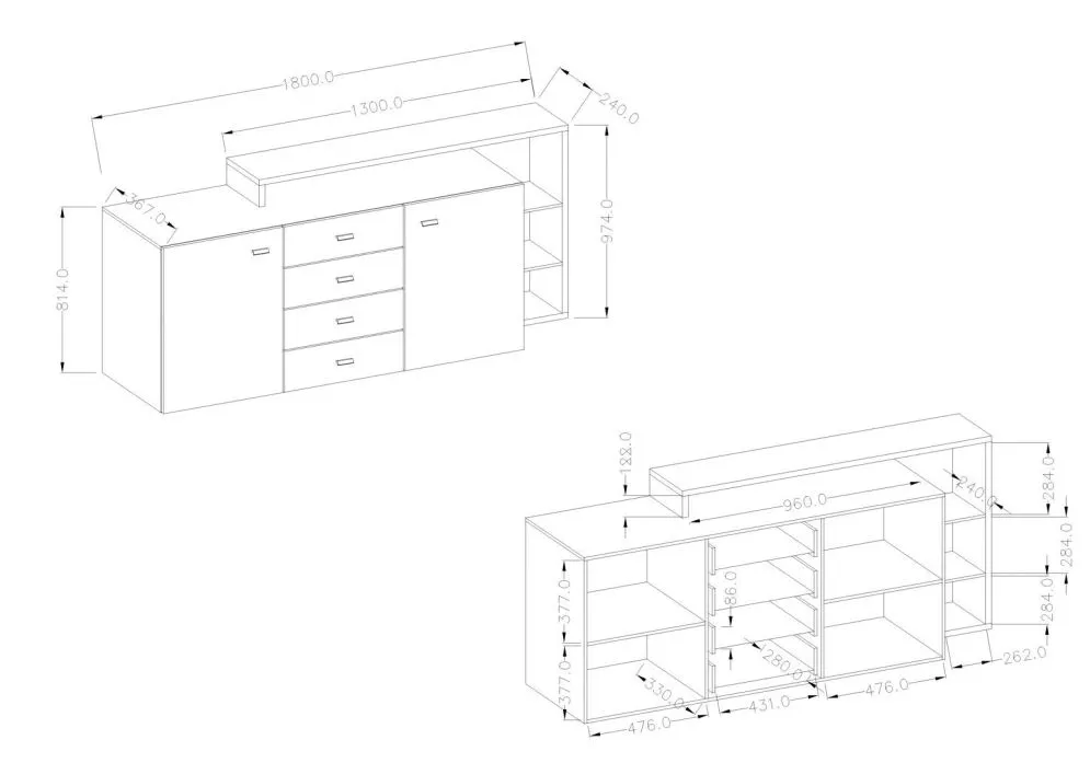 Komoda z nadstawką BOTA 2D4S 181 biała/beton colorado HELVETIA | MIRAT. styl LOFT kolekcja BOTA