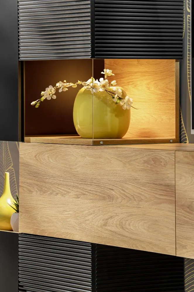 Meblościanka BRICK hikora/czarny mat do salonu I sklep meblowy MIRAT. styl LOFT, RYFLOWANY