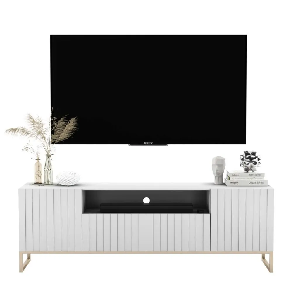 Szafka RTV TAL 2D1K 150cm biała mat trzydrzwiowa I sklep meblowy MIRAT. styl GLAMOUR, RYFLOWANY kolekcja TAL