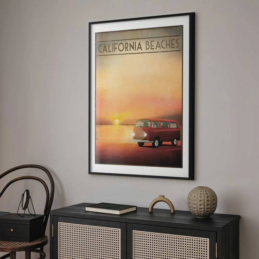 Plakat California Beaches 21x30 cm z ramą czarną z marginesem | MIRAT.