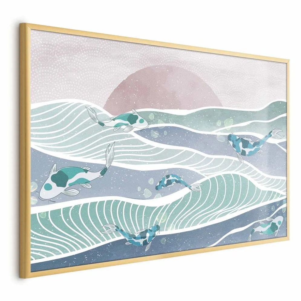 Plakat Ryby na falach 60x40 cm z ramą złotą bez marginesu | MIRAT.