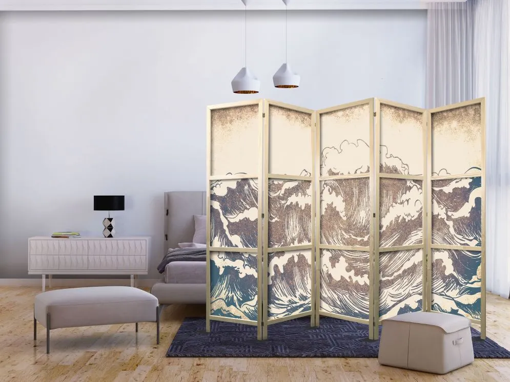 Parawan japoński Pejzaże 225x172 cm 5-częściowy biały | MIRAT.