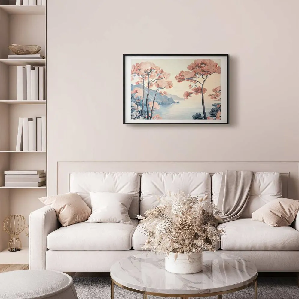 Plakat Ocean i drzewa 90x60 cm z ramą czarną z marginesem | MIRAT.