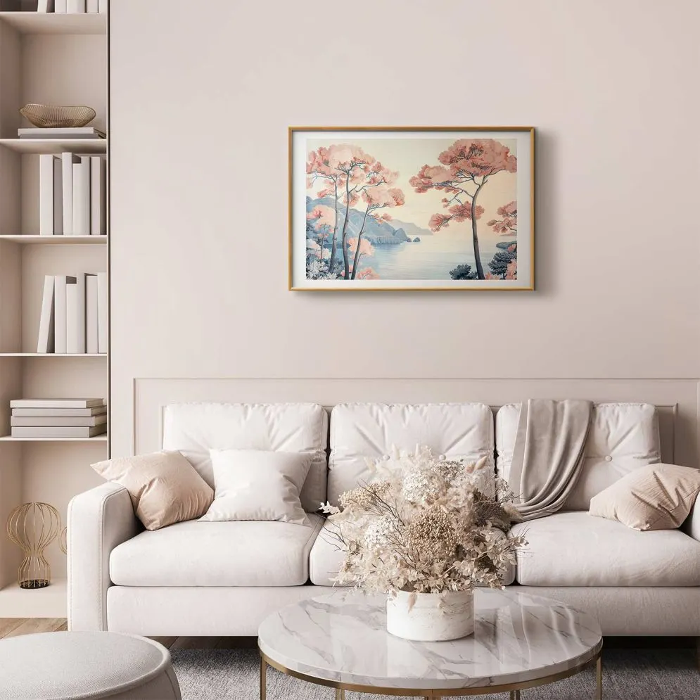 Plakat Ocean i drzewa 90x60 cm z ramą złotą z marginesem | MIRAT.