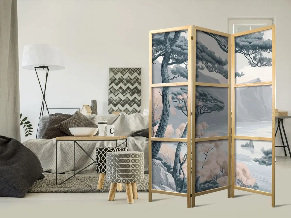 Parawan japoński Pejzaże 135x172 cm 3-częściowy szary | MIRAT.