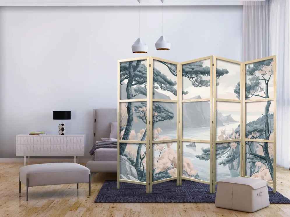 Parawan japoński Pejzaże 225x172 cm 5-częściowy szary | MIRAT.