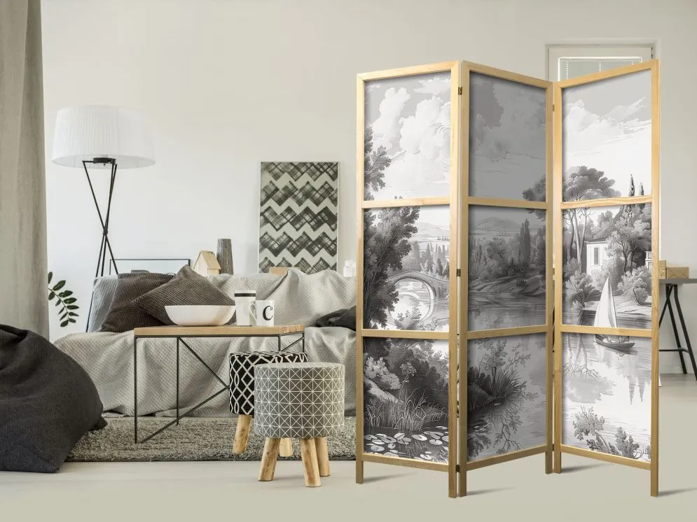 Parawan japoński Pejzaże 135x172 cm 3-częściowy szary | MIRAT.