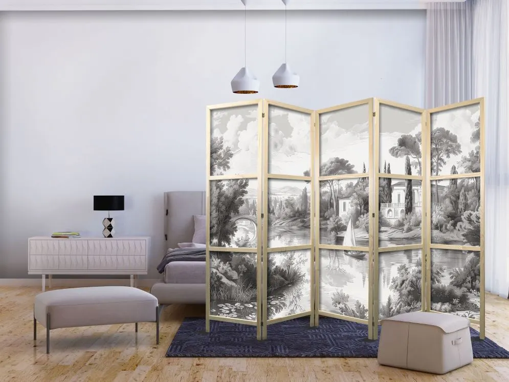 Parawan japoński Pejzaże 225x172 cm 5-częściowy szary | MIRAT.