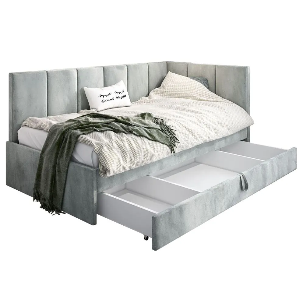 Łóżko młodzieżowe AURA 2 80x200 jasno szare z tapicerowanym panelem L i szufladą I sklep meblowy MIRAT.