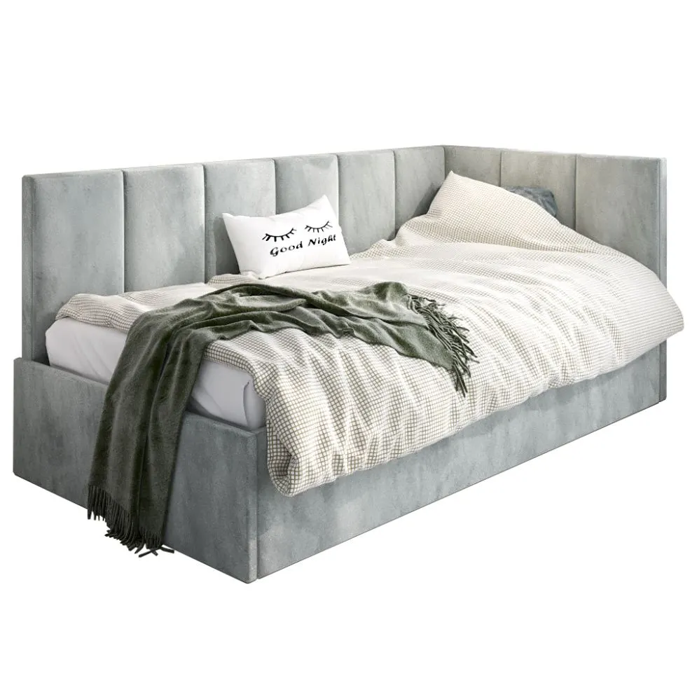 Łóżko młodzieżowe AURA 100x200 jasne szare z tapicerowanym panelem L i pojemnikiem na pościel I sklep meblowy MIRAT.