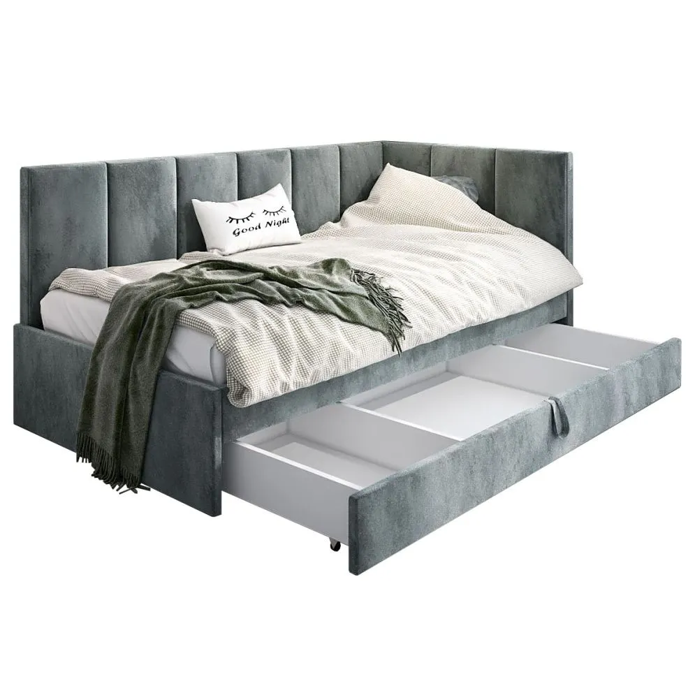 Łóżko młodzieżowe AURA 2 120x200 szare z tapicerowanym panelem L i szufladą I sklep meblowy MIRAT.