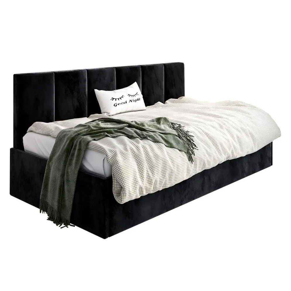 Łóżko młodzieżowe SORA 90x200 czarne z tapicerowanym panelem i pojemnikiem na pościel I sklep meblowy MIRAT.