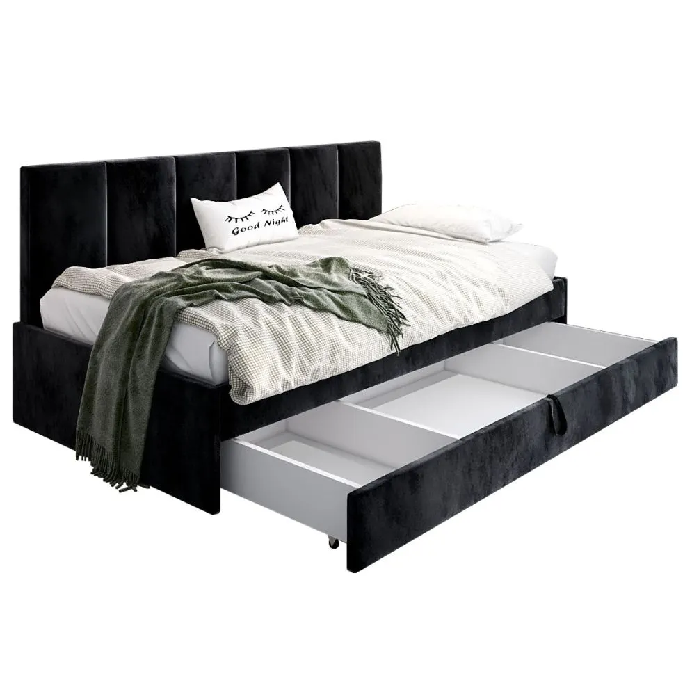 Łóżko młodzieżowe SORA 2 90x200 czarne z tapicerowanym panelem i wysuwaną szufladą I sklep meblowy MIRAT.