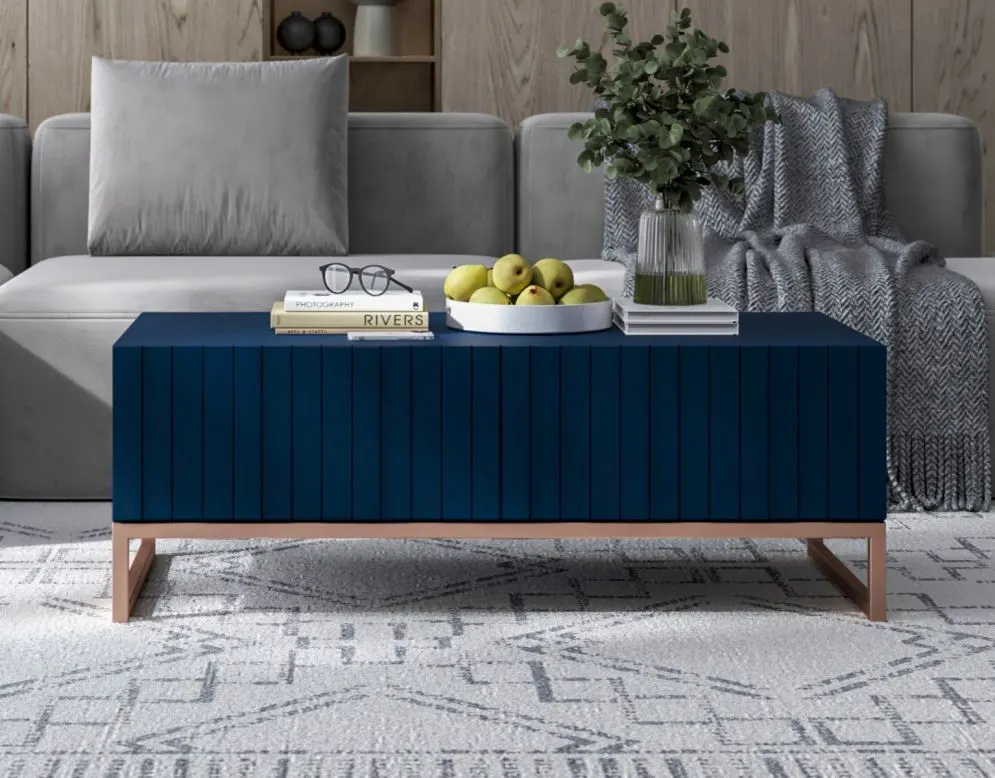 Stolik kawowy TAL 3D 110x54cm granatowy mat/gold ze schowkiem I sklep meblowy MIRAT. styl GLAMOUR, RYFLOWANY kolekcja TAL