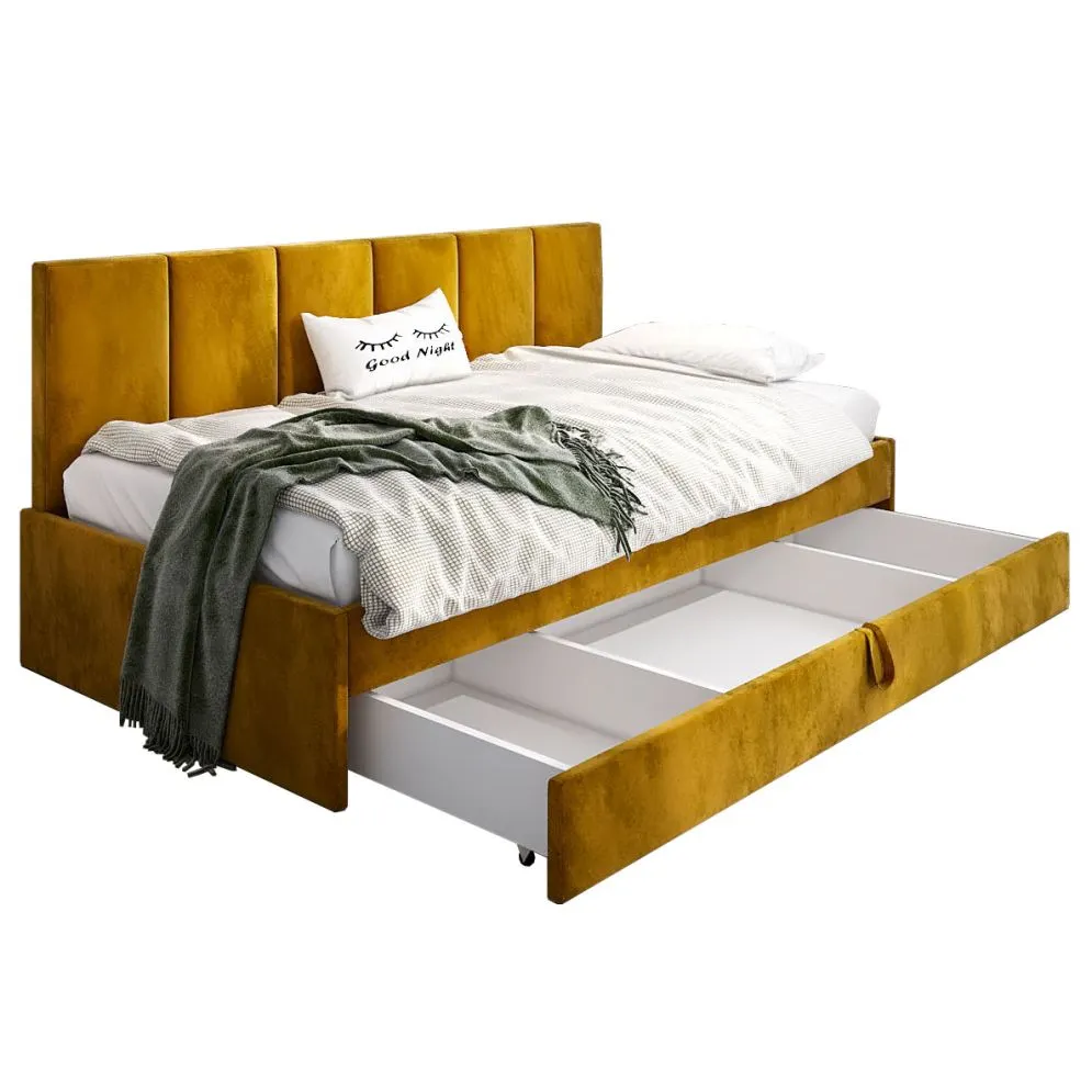 Łóżko młodzieżowe SORA 2 100x200 curry z tapicerowanym oparciem i szufladą I sklep meblowy MIRAT.