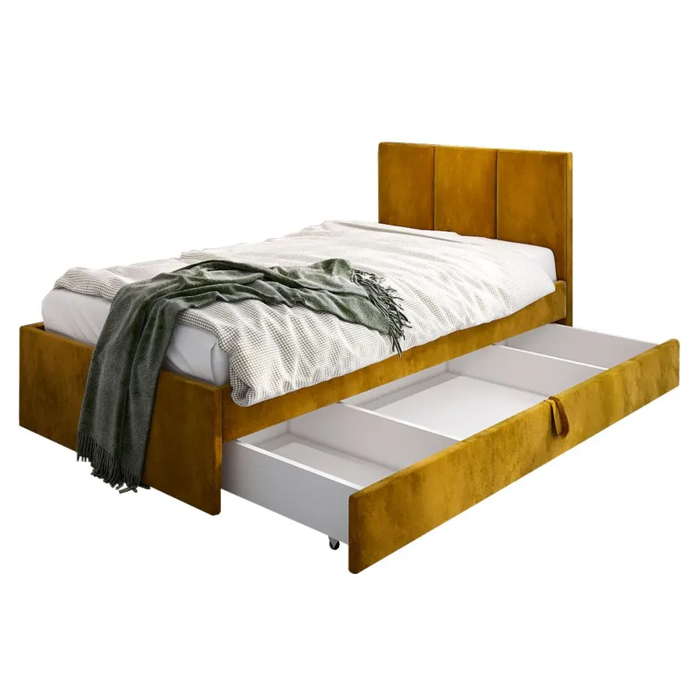 Łóżko młodzieżowe VIVO 2 80x200 curry z tapicerowanym panelem bocznym i szufladą I sklep meblowy MIRAT.