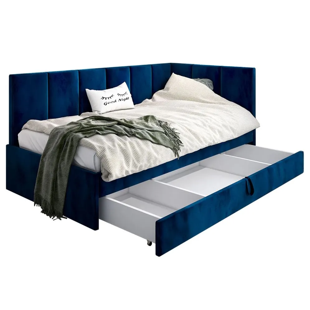 Łóżko młodzieżowe AURA 2 120x200 granatowy z tapicerowanym zagłówkiem i szufladą I sklep meblowy MIRAT.