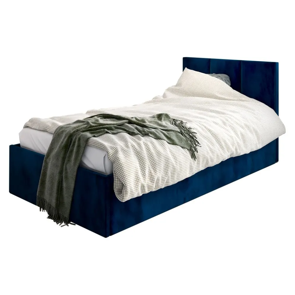 Łóżko młodzieżowe VIVO 100x200 tapicerowane aksamitem z pojemnikiem na pościel I MIRAT.