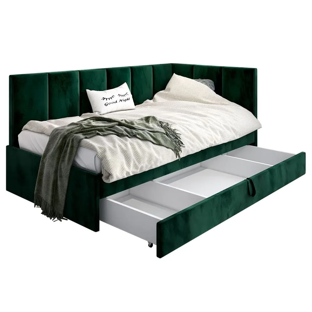 Łóżko młodzieżowe AURA 2 100x200 zielone z tapicerowanym panelem bocznym i szufladą I sklep meblowy MIRAT.