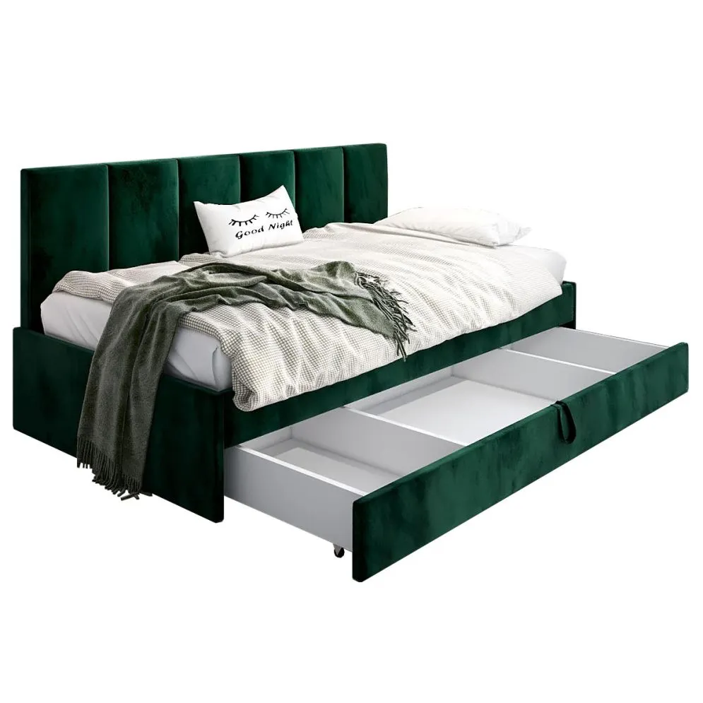 Łóżko młodzieżowe SORA 2 90x200 zielone z oparciem i szufladą na kółkach I sklep meblowy MIRAT.