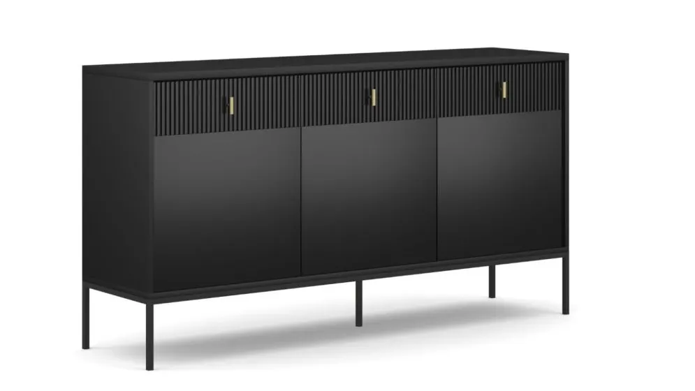 Komoda MAGGIORE 3D3S 154 czarna mat trzydrzwiowa I sklep meblowy MIRAT. styl GLAMOUR, RYFLOWANY kolekcja MAGGIORE