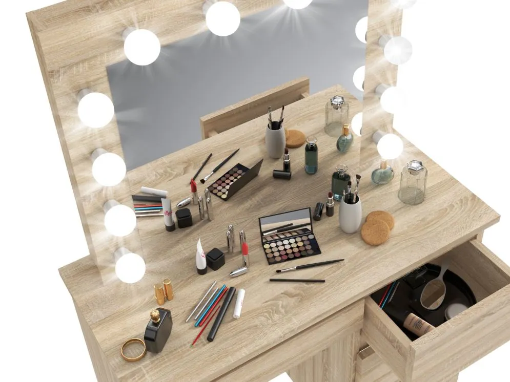 Toaletka ALEKSANDRA 4 dąb sonoma z 12 żarówkami | MIRAT. w stylu SKANDYNAWSKI kolekcja