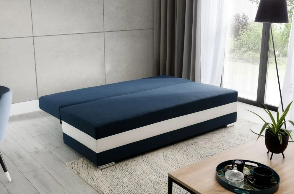 Sofa rozkładana z funkcją spania CALIA granatowa/biała z pojemnikiem na pościel | MIRAT.