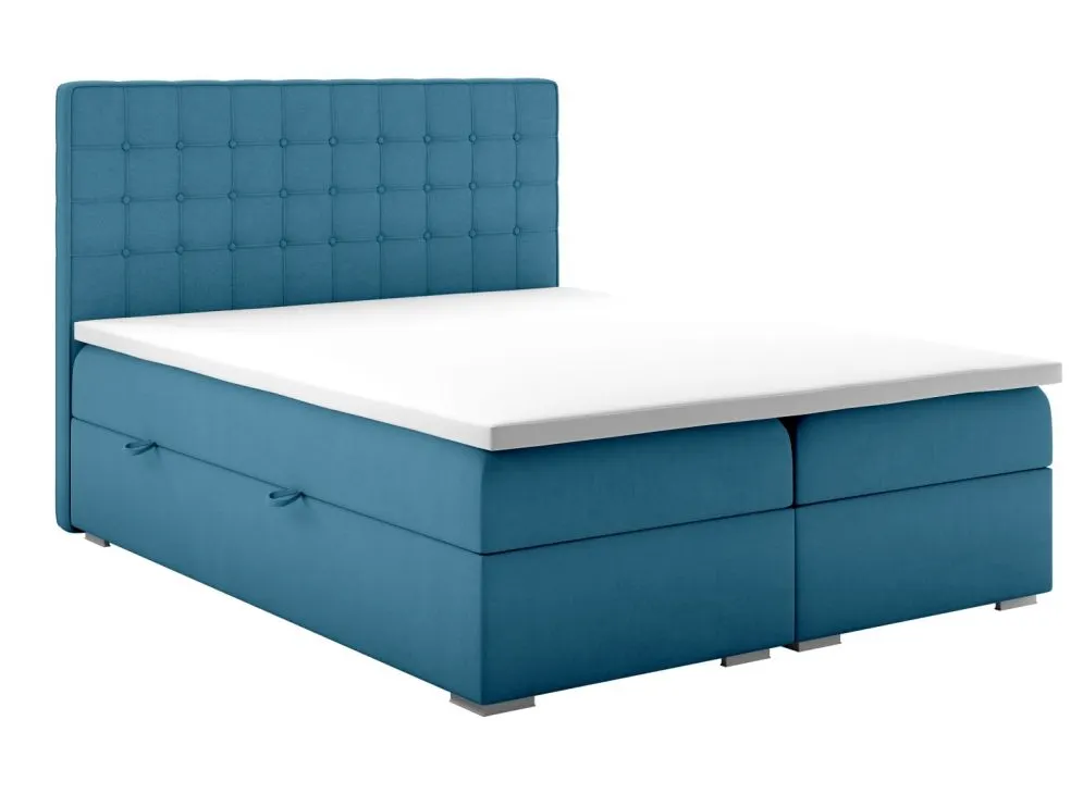 Łóżko kontynentalne REZEN 160 ciemno niebieskie velvet z pojemnikiem i materacem | MIRAT. styl GLAMOUR