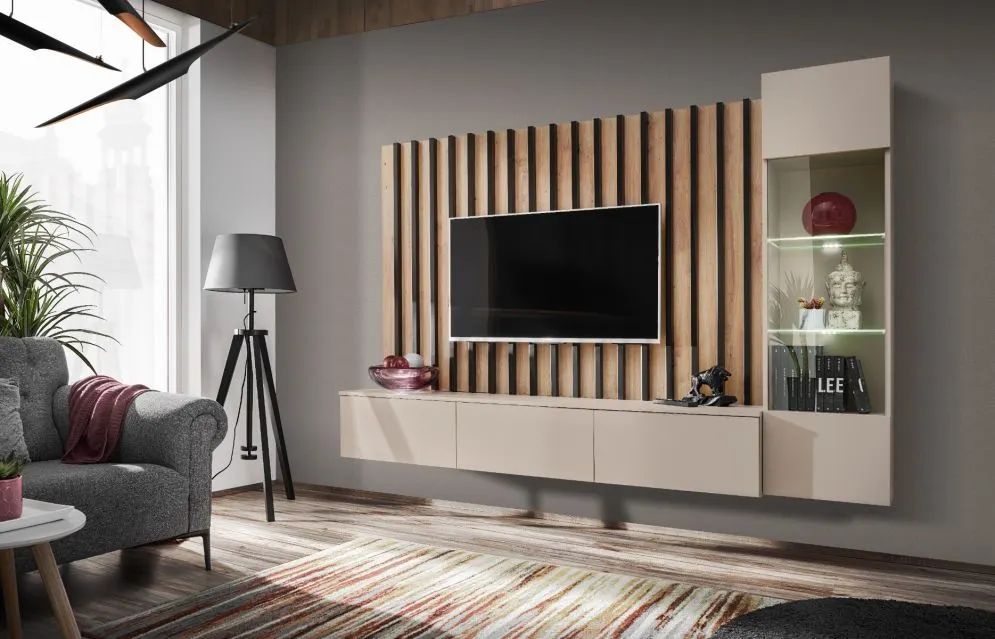 Meblościanka VERTI dąb artrisan/kaszmirowa z oświetleniem LED I sklep meblowy MIRAT. kolekcja VERTI