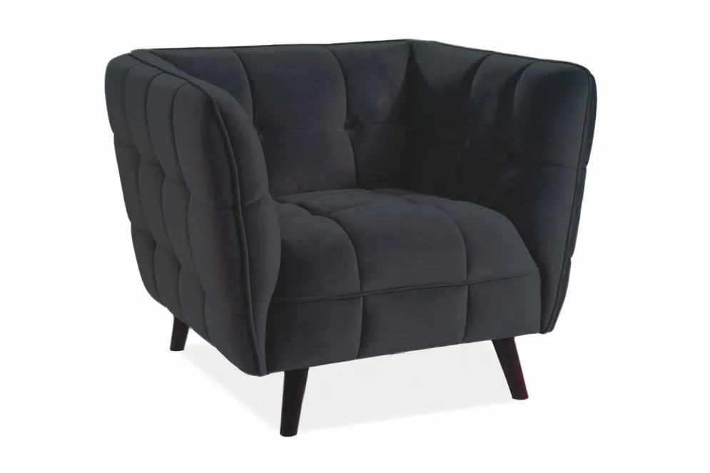 Czarny pikowany fotel na drewnianych nóżkach Castello Velvet 1