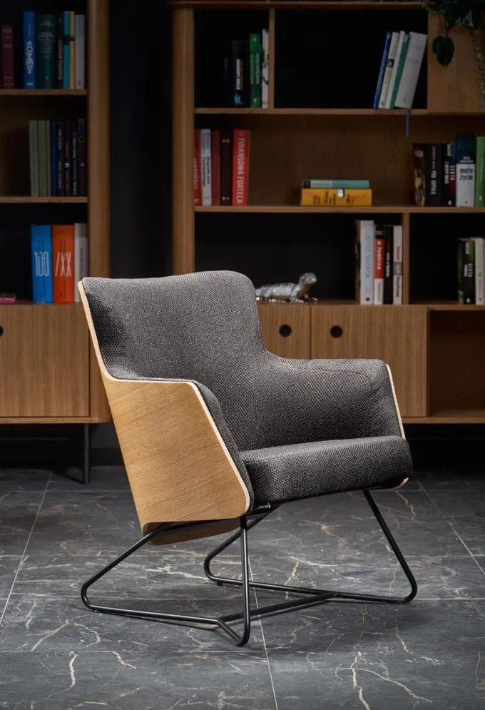 Fotel do salonu CHILLOUT ciemnoszary/naturalny na metalowej podstawie | MIRAT. styl KLASYCZNY
