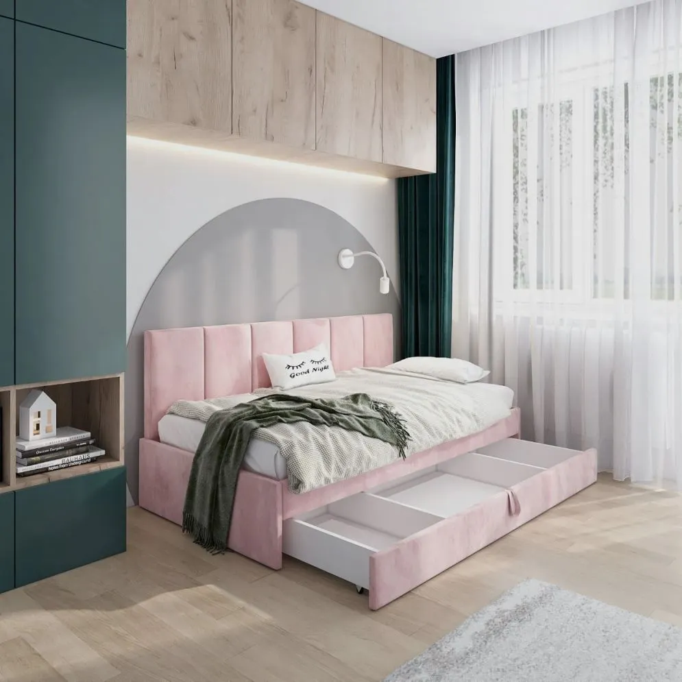 Łóżko młodzieżowe SORA 2 100x200 różowe z tapicerowanym oparciem i szufladą I sklep meblowy MIRAT.