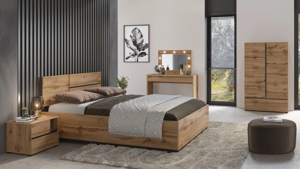 Klasyczne łóżko CROSS 160x200 dąb wotan/czarne z pojemnikiem I sklep meblowy MIRAT. styl SKANDYNAWSKI kolekcja HV-CROSS