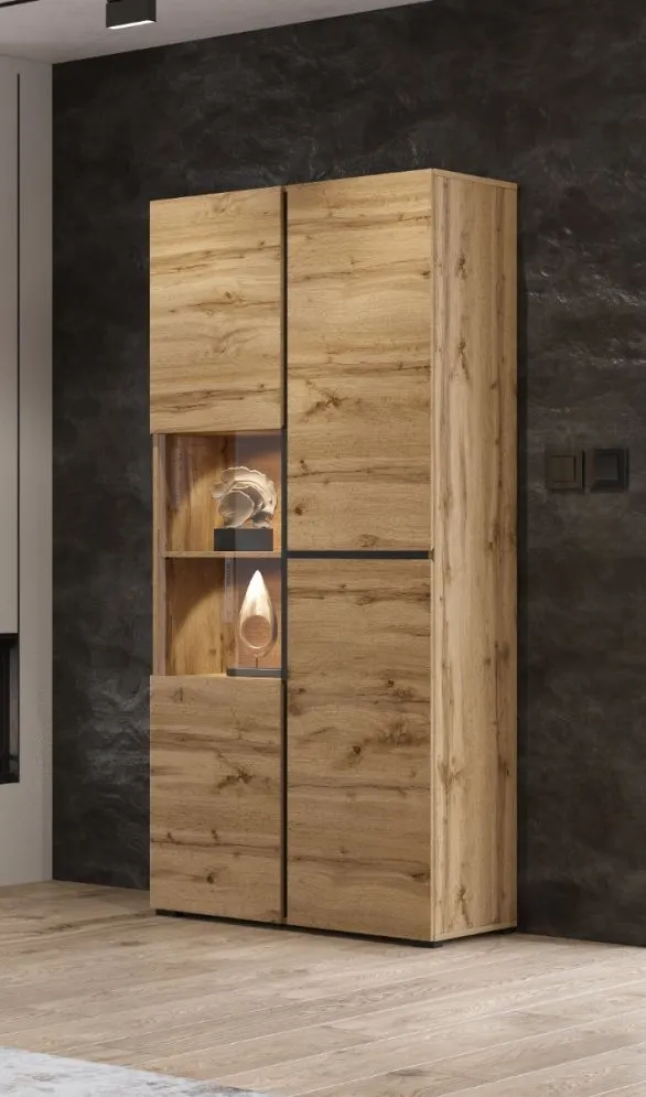 Przeszklona witryna wysoka CROSS 3D 80cm dąb wotan/czarna I sklep meblowy MIRAT. styl SKANDYNAWSKI kolekcja HV-CROSS