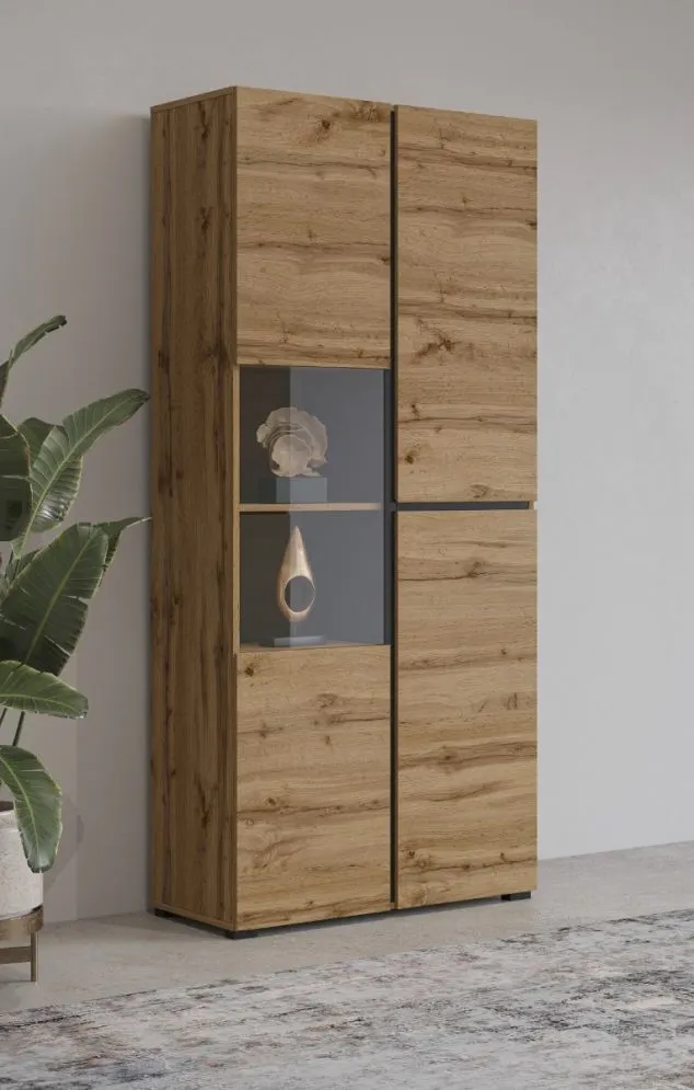 Przeszklona witryna wysoka CROSS 3D 80cm dąb wotan/czarna I sklep meblowy MIRAT. styl SKANDYNAWSKI kolekcja HV-CROSS