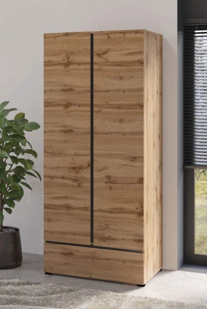 Skandynawska szafa dwudrzwiowa CROSS 2D1S 89cm dąb wotan/czarna z drążkiem I sklep meblowy MIRAT. styl SKANDYNAWSKI kolekcja HV-CROSS