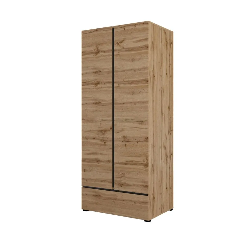 Skandynawska szafa dwudrzwiowa CROSS 2D1S 89cm dąb wotan/czarna z drążkiem I sklep meblowy MIRAT. styl SKANDYNAWSKI kolekcja HV-CROSS