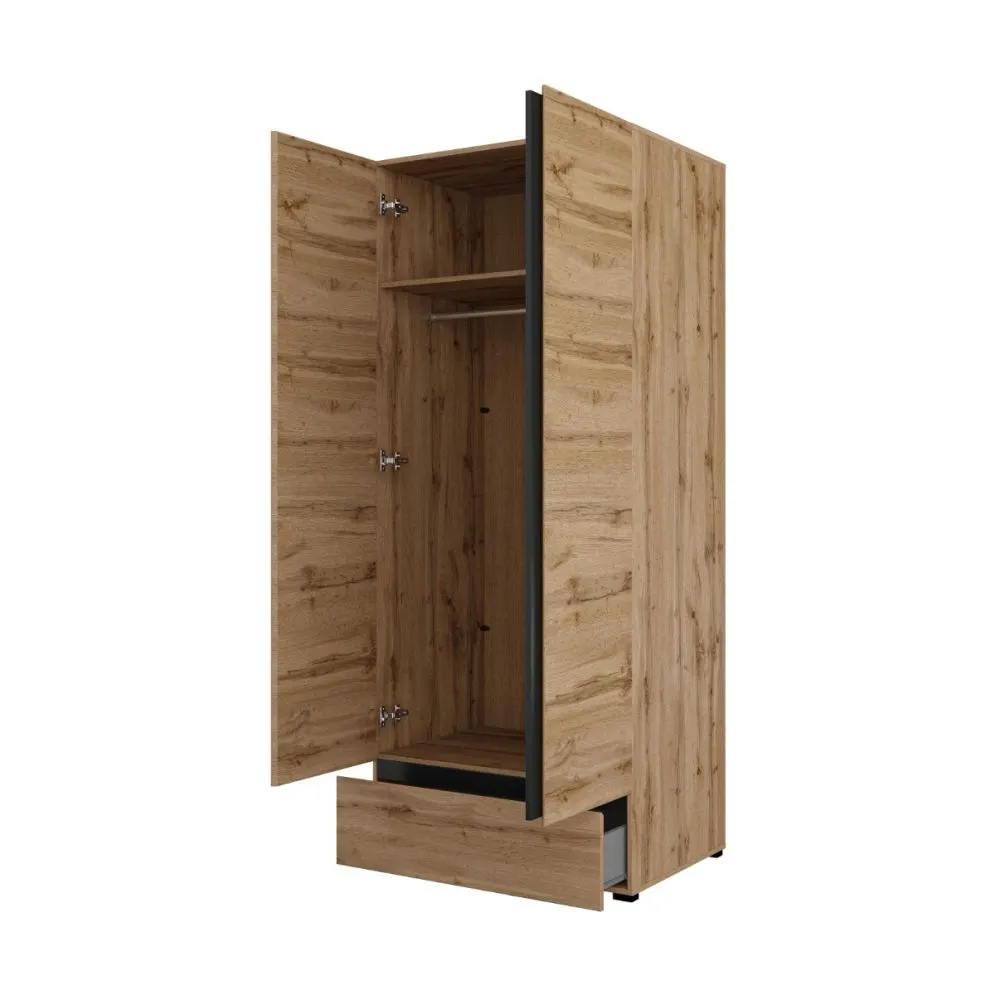 Skandynawska szafa dwudrzwiowa CROSS 2D1S 89cm dąb wotan/czarna z drążkiem I sklep meblowy MIRAT. styl SKANDYNAWSKI kolekcja HV-CROSS