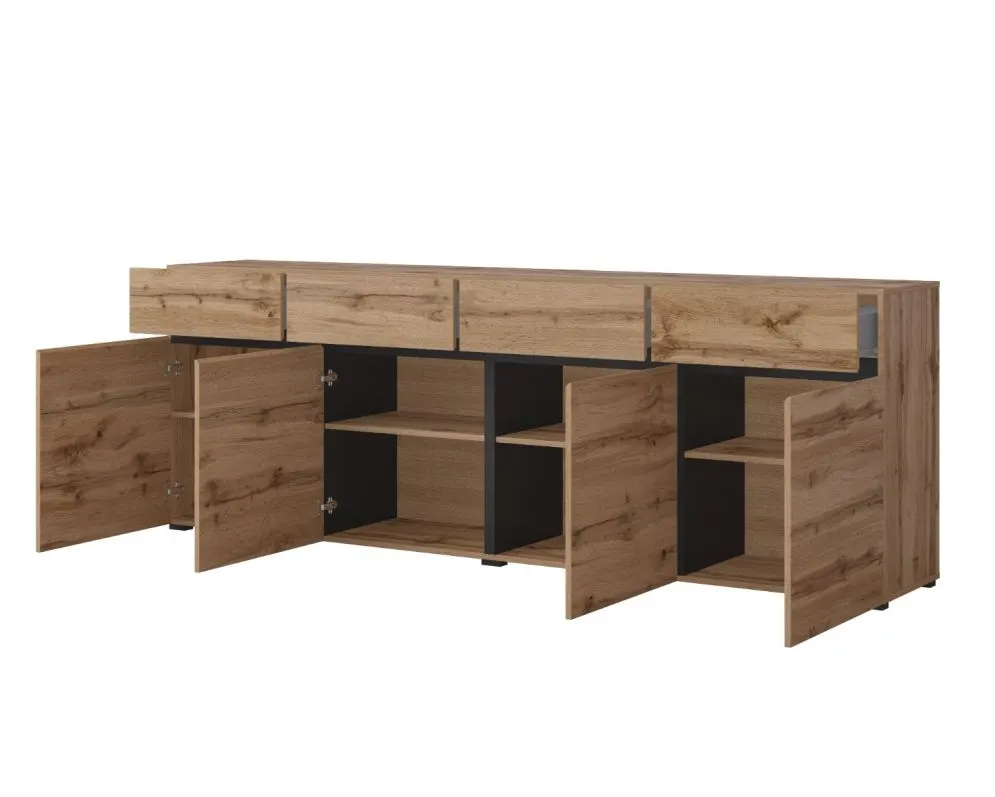 Komoda CROSS 4D4S 225cm dąb wotan/czarna drewniana I sklep meblowy MIRAT. styl SKANDYNAWSKI kolekcja HV-CROSS