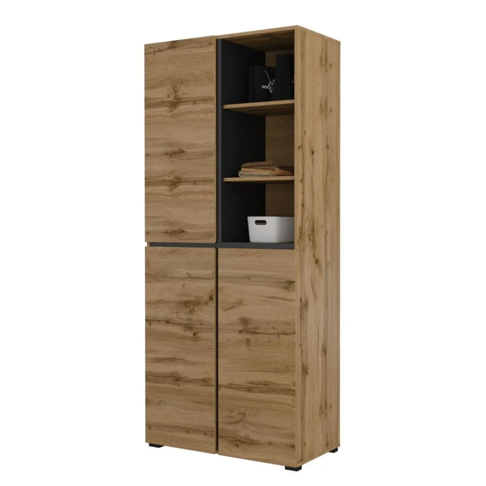 Trzydrzwiowa szafa do przedpokoju CROSS 3D 80cm dąb wotan/czarna z półkami I sklep meblowy MIRAT. styl SKANDYNAWSKI kolekcja HV-CROSS