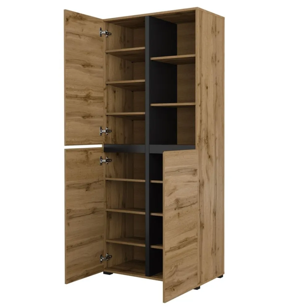 Trzydrzwiowa szafa do przedpokoju CROSS 3D 80cm dąb wotan/czarna z półkami I sklep meblowy MIRAT. styl SKANDYNAWSKI kolekcja HV-CROSS