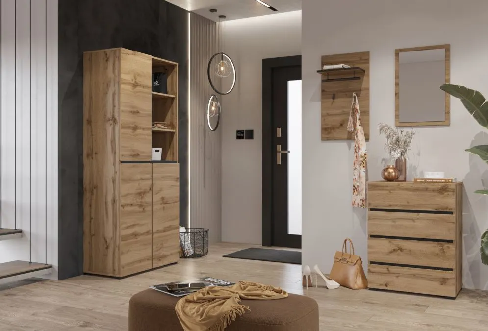 Trzydrzwiowa szafa do przedpokoju CROSS 3D 80cm dąb wotan/czarna z półkami I sklep meblowy MIRAT. styl SKANDYNAWSKI kolekcja HV-CROSS