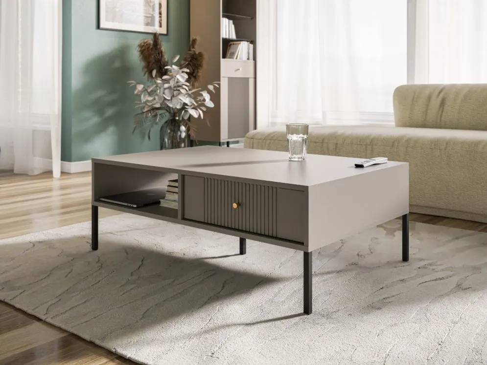 Stolik kawowy ISEO 104x68 kaszmir mat/czarny z ryflowanymi frontami I sklep meblowy MIRAT. styl GLAMOUR, RYFLOWANY kolekcja ISEO