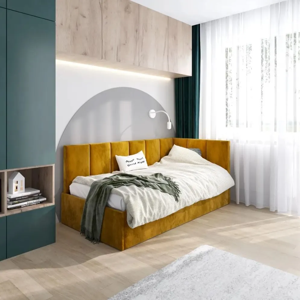 Łóżko młodzieżowe AURA 80x200 curry z tapicerowanym panelem bocznym  I MIRAT.