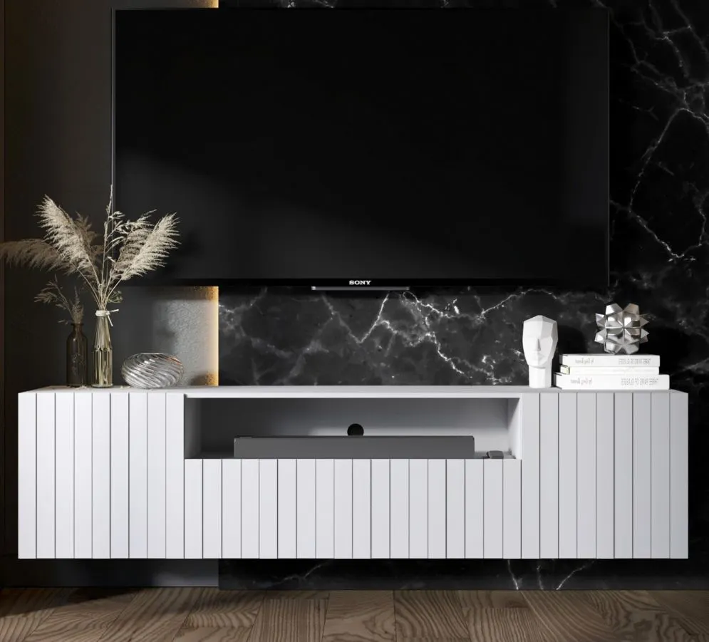 Szafka RTV TAL 2D1K 2 150cm wisząca biała mat z ryflowana I sklep meblowy MIRAT. styl GLAMOUR, RYFLOWANY kolekcja TAL