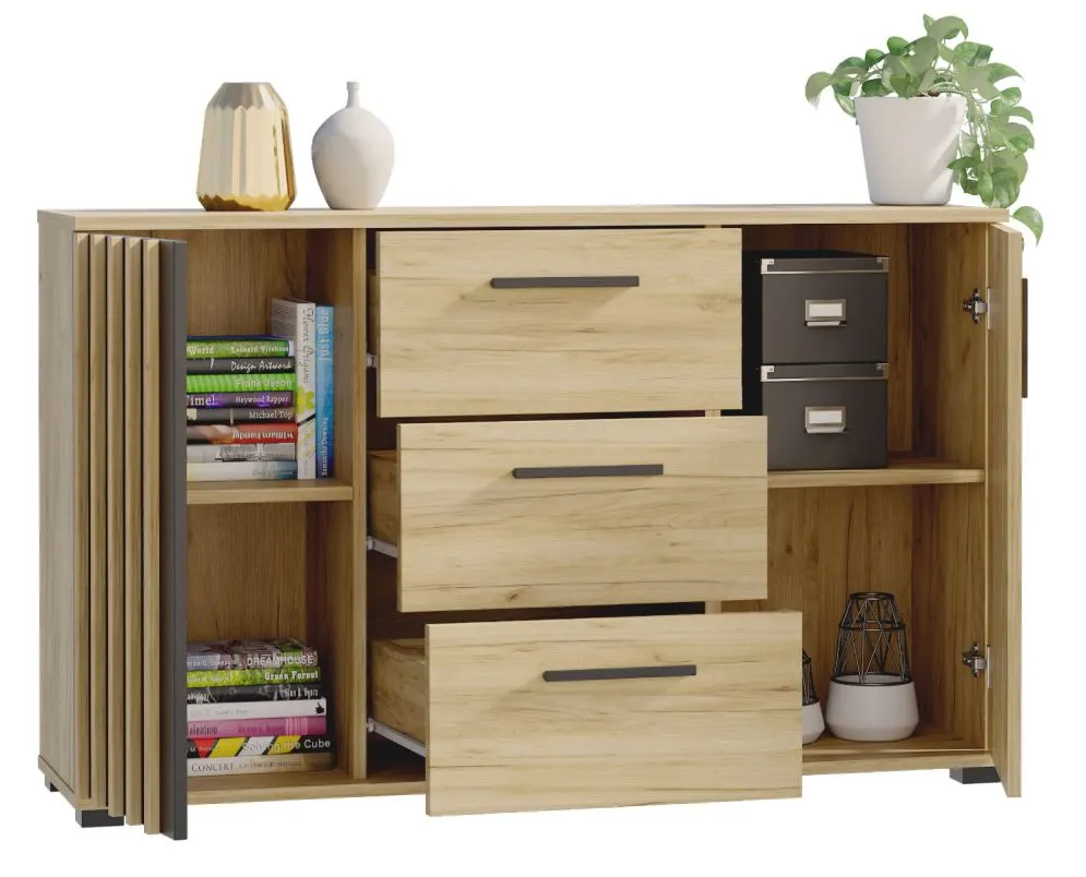 Komoda KALI 140 czarny/dąb craft ryflowane fronty I sklep meblowy MIRAT. styl LOFT, RYFLOWANY