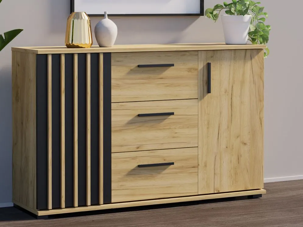 Komoda KALI 140 czarny/dąb craft ryflowane fronty I sklep meblowy MIRAT. styl LOFT, RYFLOWANY