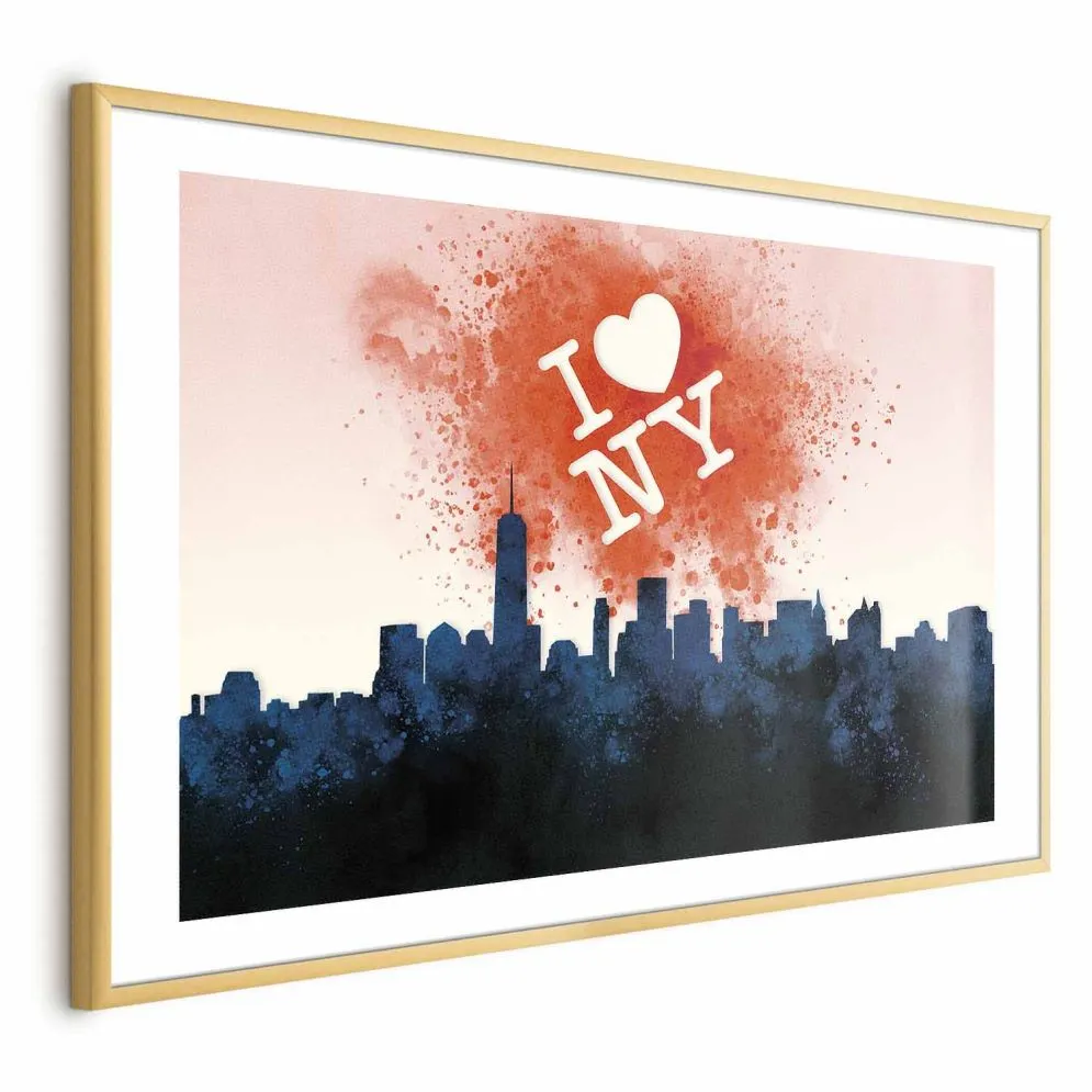 Plakat I love NY 30x21 cm z ramą złotą z marginesem | MIRAT.